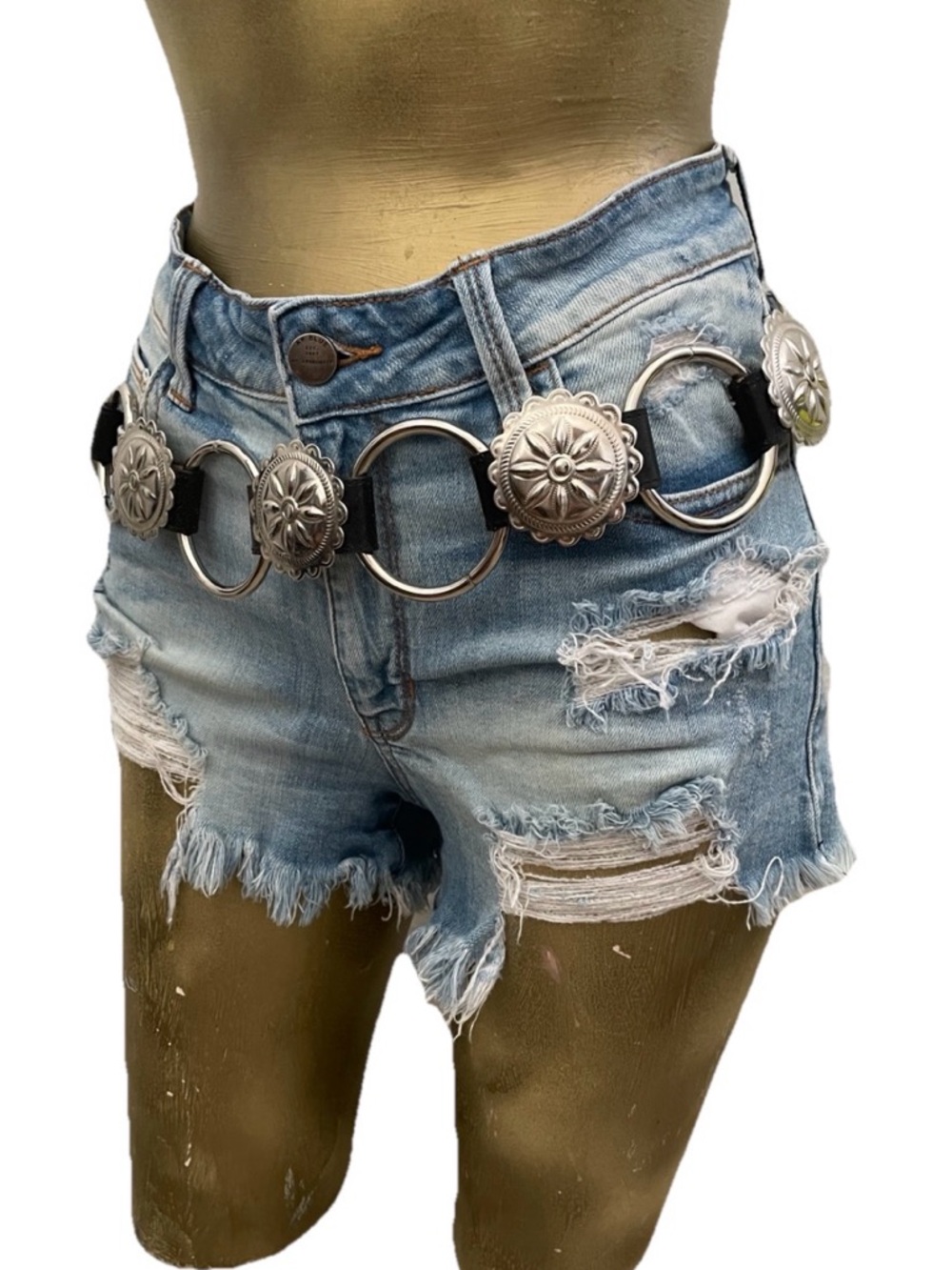 Silver CONCHO and Black LEATHER Western Chain BELT Size M/L - Picture 4 of 6